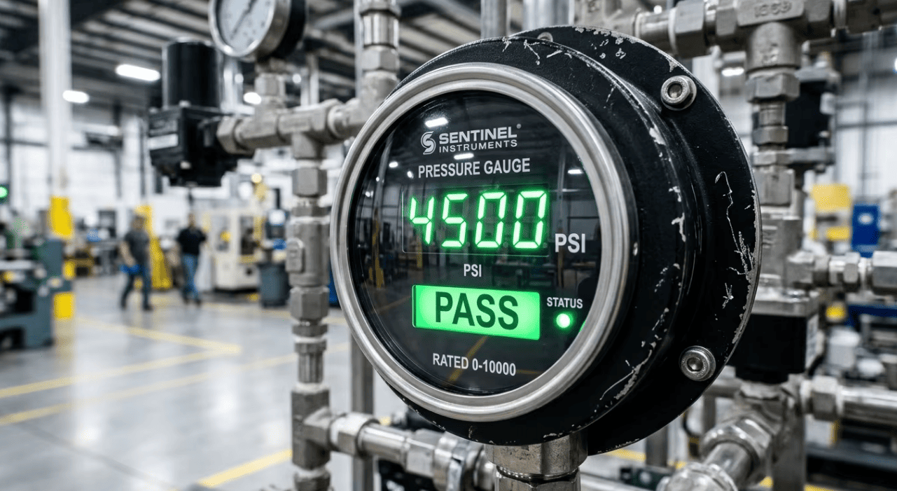 High-precision digital pressure gauge showing 4500 PSI test pass status